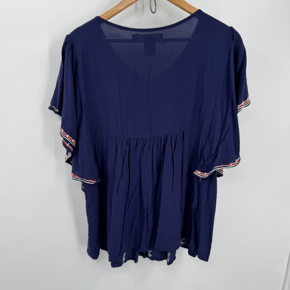 Urban Mangoz Womens Blouse L Navy Blue Embroidered Boho Babydoll Flutter Sleeve - Picture 3 of 8